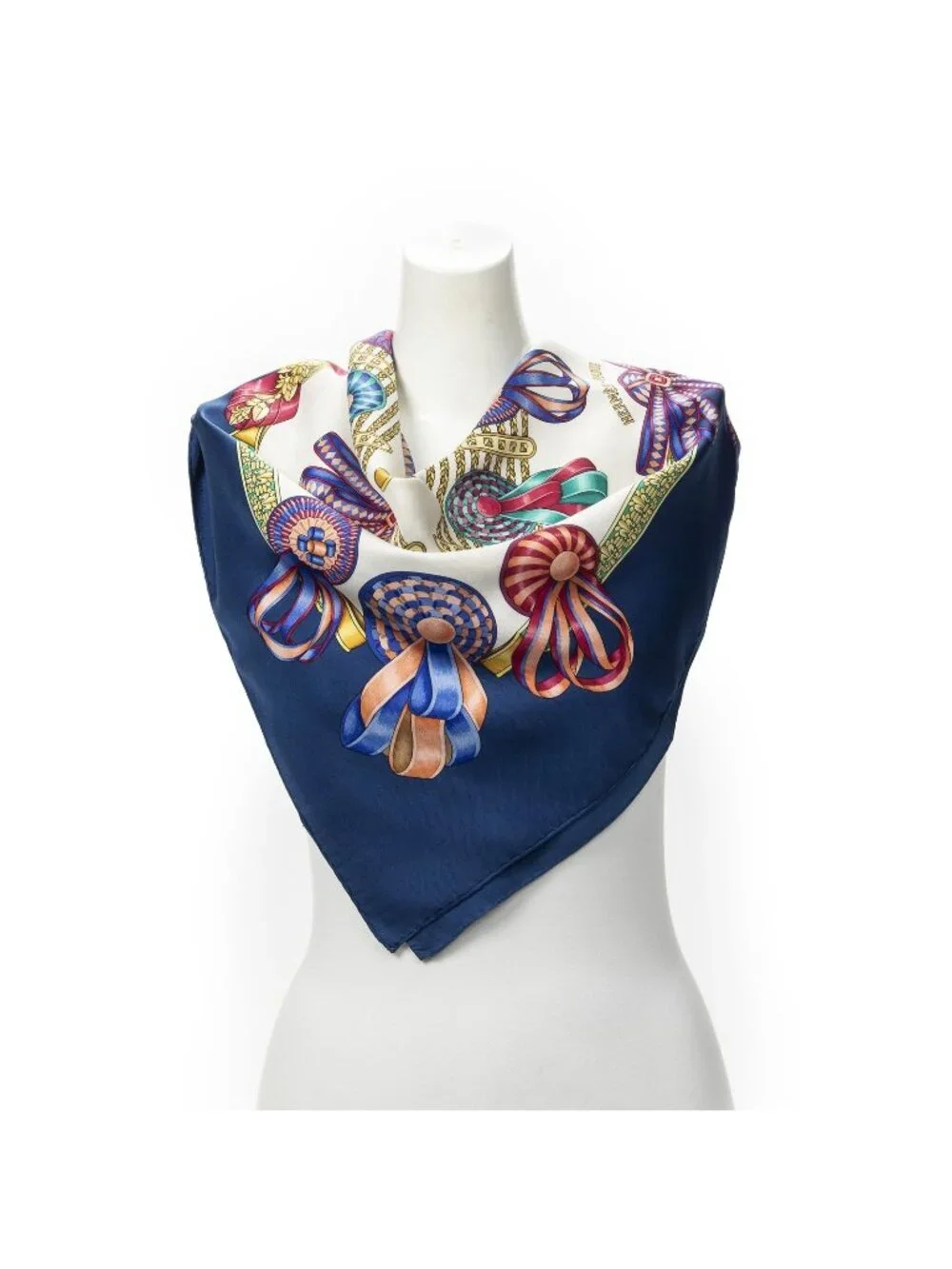 Hermes Scarf Blue Ivory Gold Silk